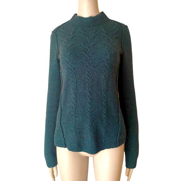 FREE PEOPLE Teal Blue Cable Knit Sweater Mock Neck Wool Blend Soft Size S - Picture 1 of 16